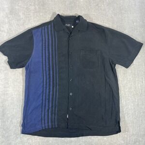 Nat Nast Luxury Originals Men Large Black Blue Silk Short Sleeve Shirt